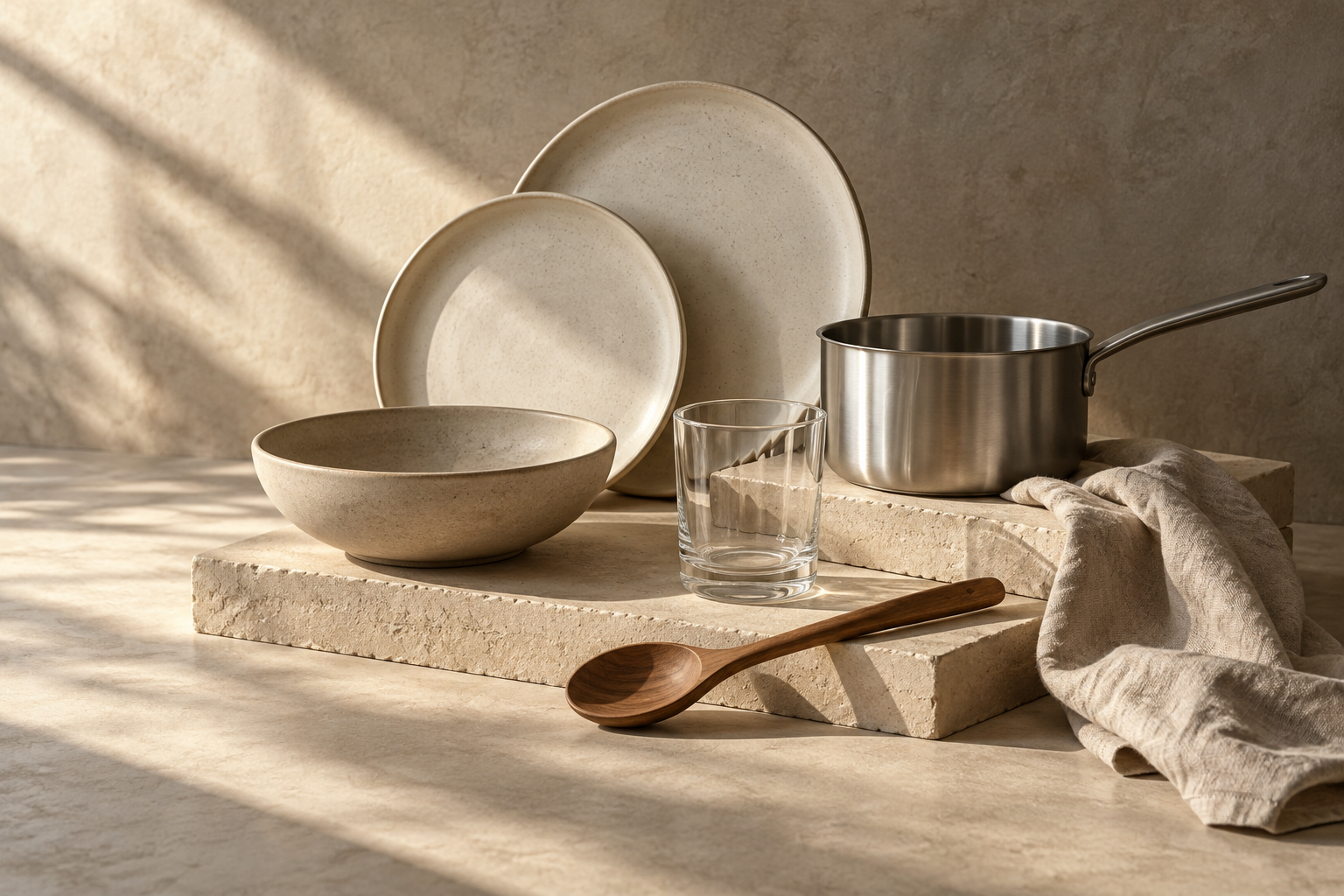 Illustrative still life of unbranded cookware, stoneware, glass and linen